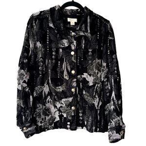 Coldwater Creek Black Tapestry Button Jacket Floral Imprint SZ M